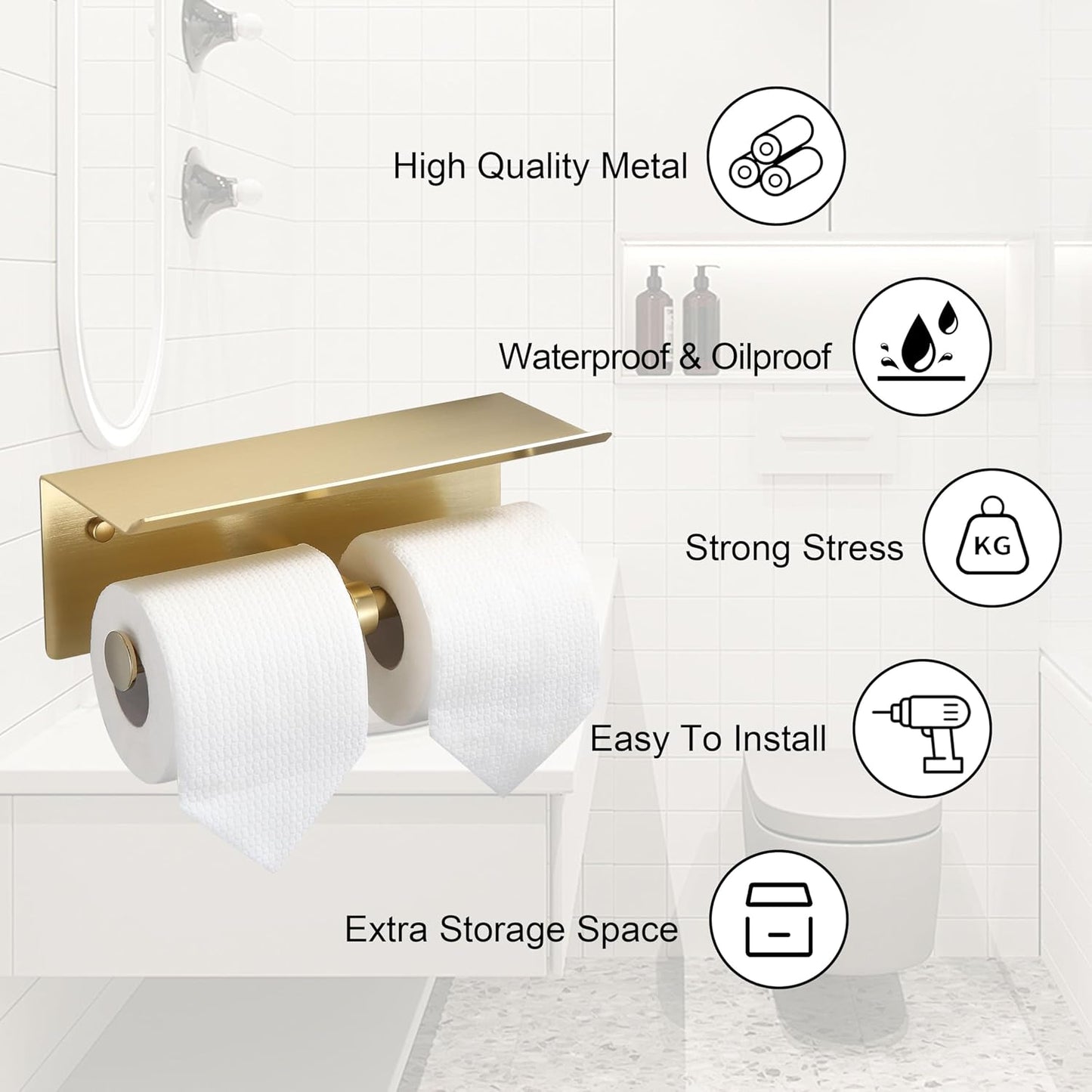 Black Toilet Paper Roll Holder with Shelf Wall Mounted for Bathroom (Black, Double Head)