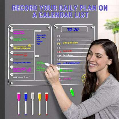Acrylic Meal Planner Magnetic Menu Board for Kitchen Fridge, 13"x9" Clear Weekly Calendar Planning Board Noteboard Refrigerator Dry Erase Board to Do/Grocery/Shopping Lis Includes 6 Markers