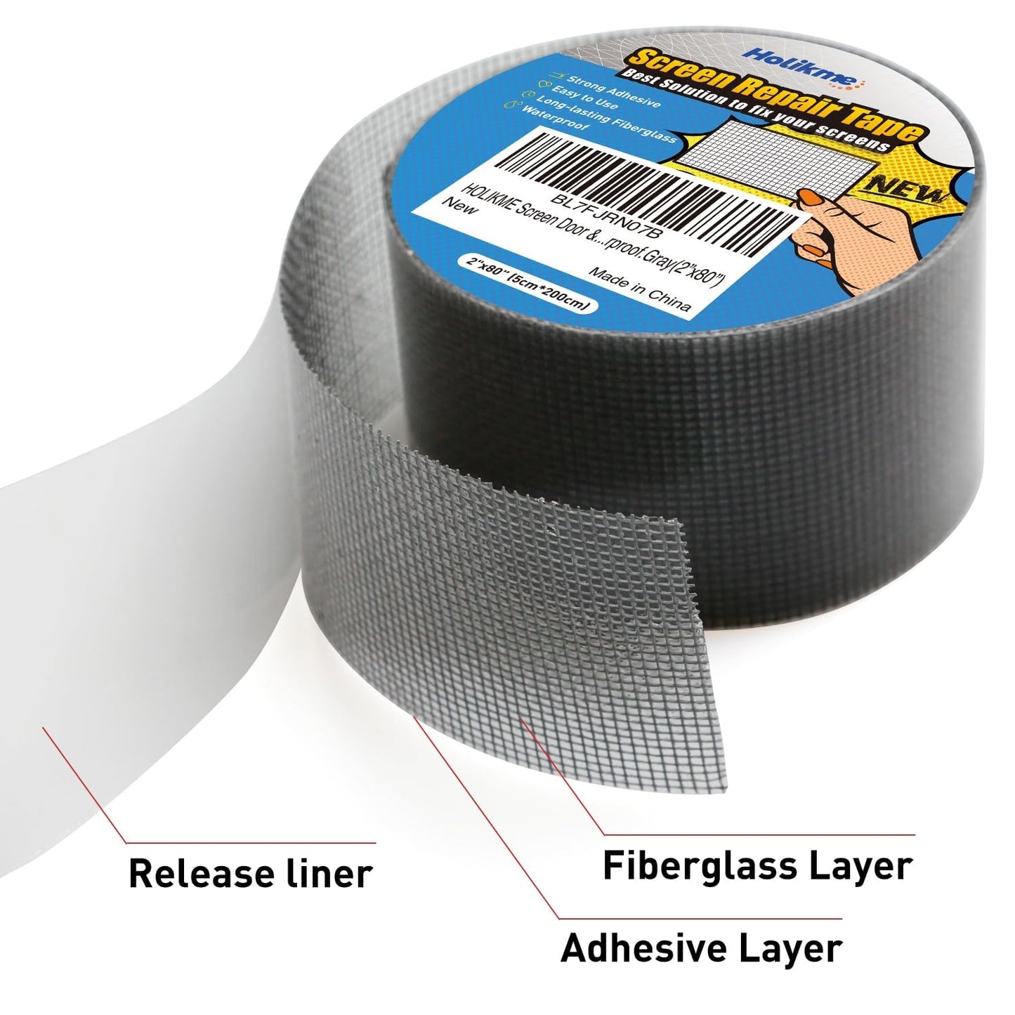 Holikme Window Screen Repair Tape, Door Window Fly Lanai Screen Repair kit Patch Tape Strong Adhesive Long Lasting Fiberglass Covering Wire Mesh Repair Tape Seal for Repair Holes Tears 2"W×80"L, Grey