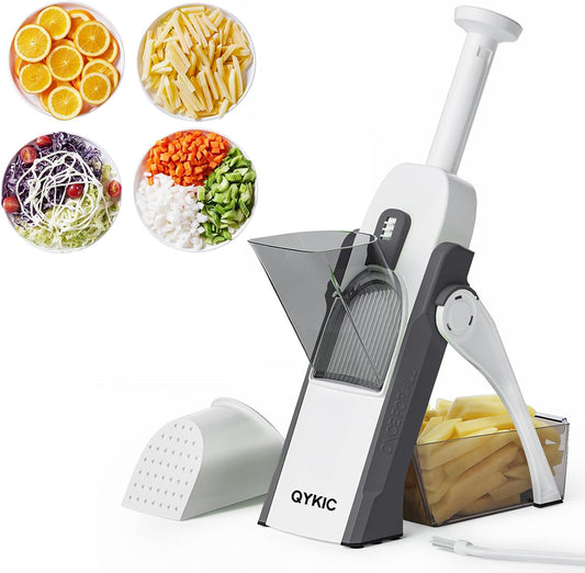 QYKIC Safe Mandoline Slicer Pro for Kitchen, Adjustable Chopper 6 in 1 | Potato Slicer Onion Chopper Fry Cutter Julienne Dicer Large Chute Stainless Steel Blades Detachable Dishwasher Safe Gifts