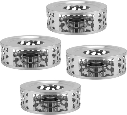 4 PCS Teapot Warmer, Stainless Steel Teapot Warmer, Metal Teapot Heater with Tealight Candle Holder, Brushed Coffee Tea Warmer Base for Glass or Ceramic Teapot, Silver