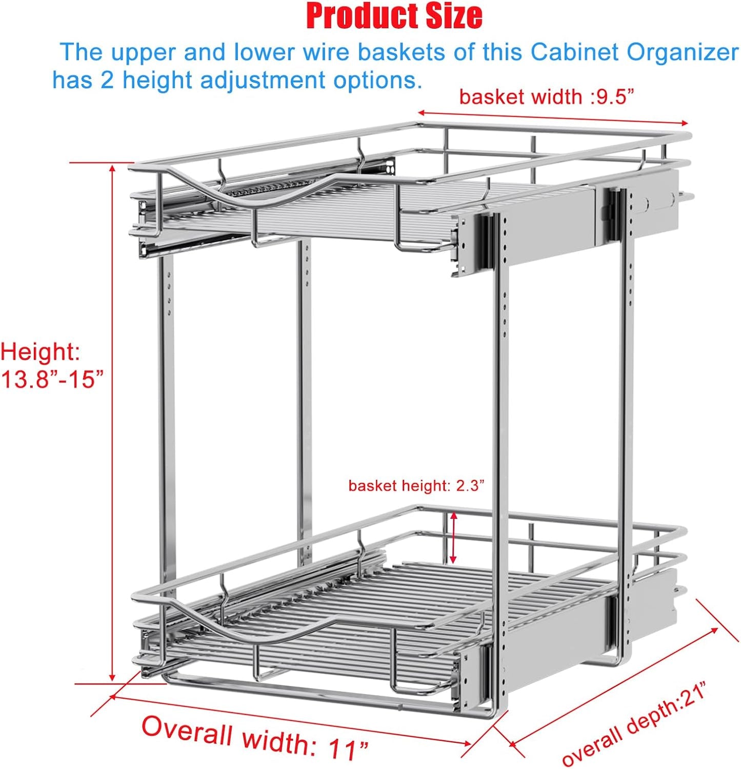 DINDON 2 Tier Pull Out Cabinet Organizer (20" W X 21" D), Double Tier Wire Basket Slide Out Shelf Storage for Kitchen Base Cabinet Organization for Kitchen, Pantry, Bathroom, Chrome