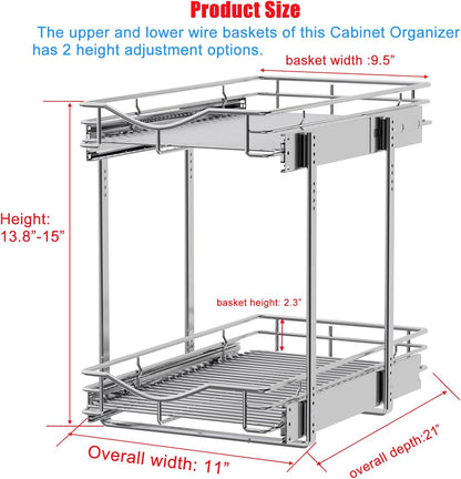 DINDON 2 Tier Pull Out Cabinet Organizer (20" W X 21" D), Double Tier Wire Basket Slide Out Shelf Storage for Kitchen Base Cabinet Organization for Kitchen, Pantry, Bathroom, Chrome