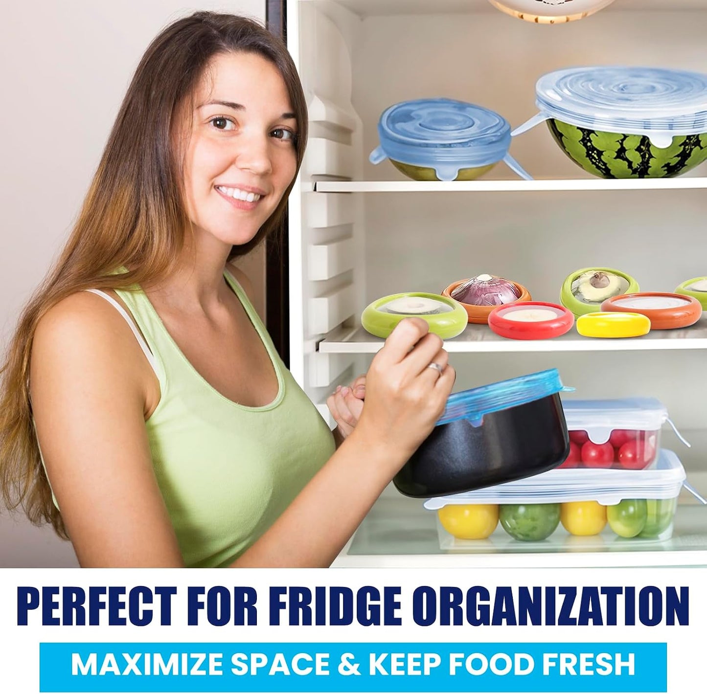 2-in-1 Produce Saver Containers with Silicone Stretch Lids (4 Containers + 6 Lids) – Avocado, Onion, Lemon, Tomato Keeper, Anti-Oxidation Food Storage, Airtight Leakproof Lids for Fridge Organizer