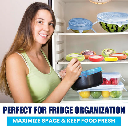 2-in-1 Produce Saver Containers with Silicone Stretch Lids (4 Containers + 6 Lids) – Avocado, Onion, Lemon, Tomato Keeper, Anti-Oxidation Food Storage, Airtight Leakproof Lids for Fridge Organizer