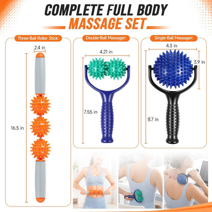 4 Pcs Manual Full Body Massage Tool Set with 5 Finger Rings | Handheld Spiky Massage Roller, Pressure Point Massage Stick, Deep Tissue Release, for Neck, Shoulder, Leg, Feet, Hand, Finger