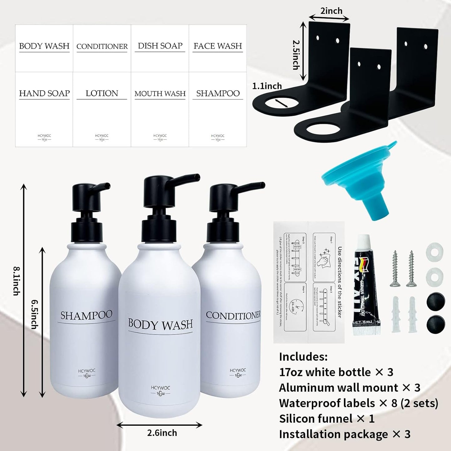 3 Pack Wall Mount Shower Dispenser, No Drill, 16 Waterproof Labels | Shampoo Dispenser for Shower Wall, Shampoo and Conditioner Dispenser, Bathroom, 17oz, Gold Amber