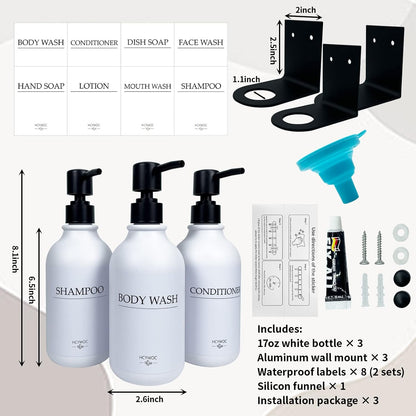 3 Pack Wall Mount Shower Dispenser, No Drill, 16 Waterproof Labels | Shampoo Dispenser for Shower Wall, Shampoo and Conditioner Dispenser, Bathroom, 17oz, Gold Amber