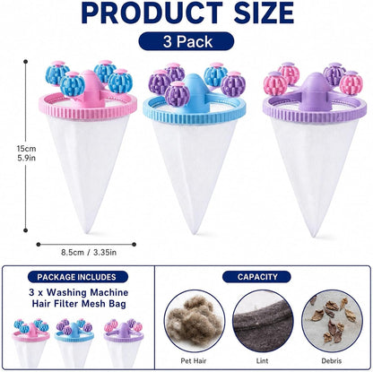 3PCS Washing Machine Hair Filter Mesh Bags, Reusable Laundry Lint Catcher, Effective Pet Hair Removal for Washing Machines, Blue Pink Purple