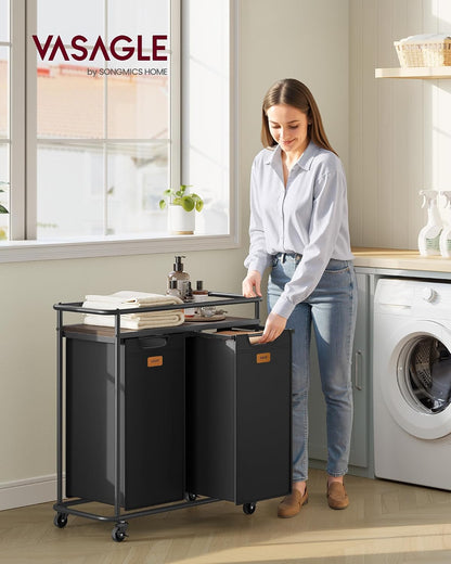 VASAGLE Laundry Sorter with Wheels, 39.6 Gal., 4 Removable Liners | Portable Laundry Cart with Shelf, 150 L, 6 Labels, Ink Black and Chestnut Brown, STEVIE Collection URLS100BH01S