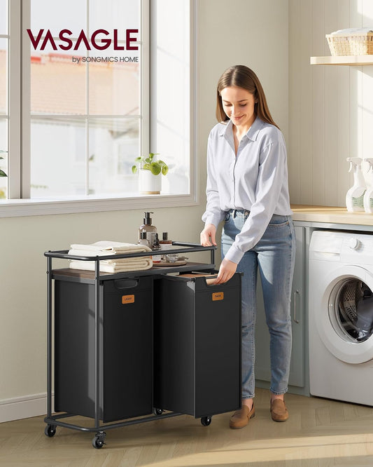 VASAGLE Laundry Sorter with Wheels, 39.6 Gal., 4 Removable Liners | Portable Laundry Cart with Shelf, 150 L, 6 Labels, Ink Black and Chestnut Brown, STEVIE Collection URLS100BH01S
