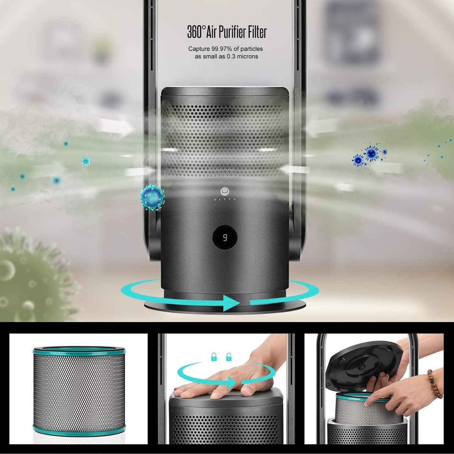 ULTTY Bladeless Tower Fan and Air Purifier Combo, Quiet Oscillating Fan with Remote & Touch Control, 9 Speeds, 8H Timer, HEPA Air Filter, Safe Floor Fan for Bedroom Home Office Black, 23.5"inch