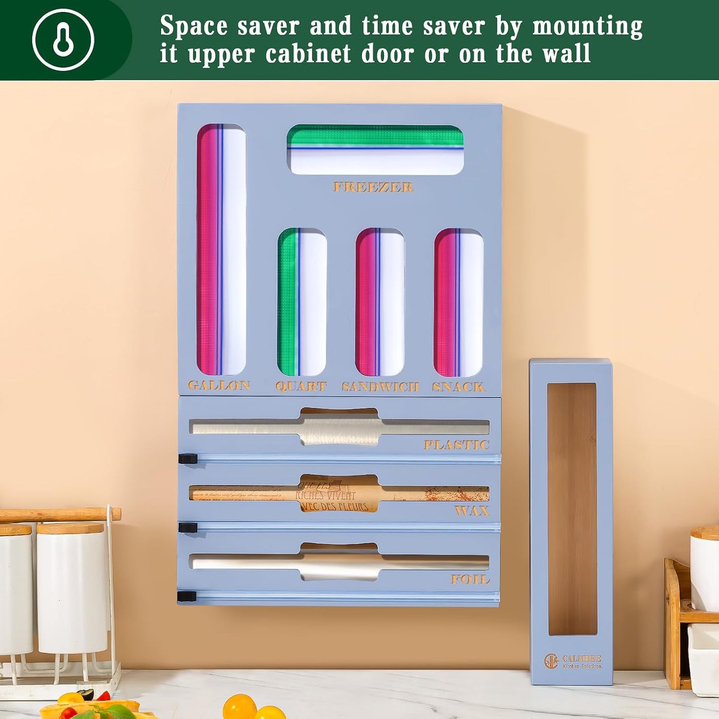 Calmbee 9 in 1 Bamboo Storage Bag Organizer for Kitchen Drawer – Plastic Wrap Dispenser with Cutter & Foil Organizer, Wooden Baggie Organizer for Sandwich, Snack, Gallon, Quart Sizes, Natural