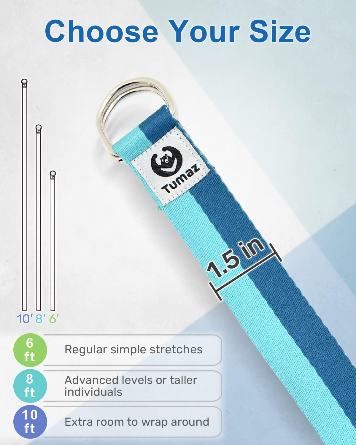 Tumaz Yoga Strap for Stretching with Adjustable D-Ring, 6/8/10 ft