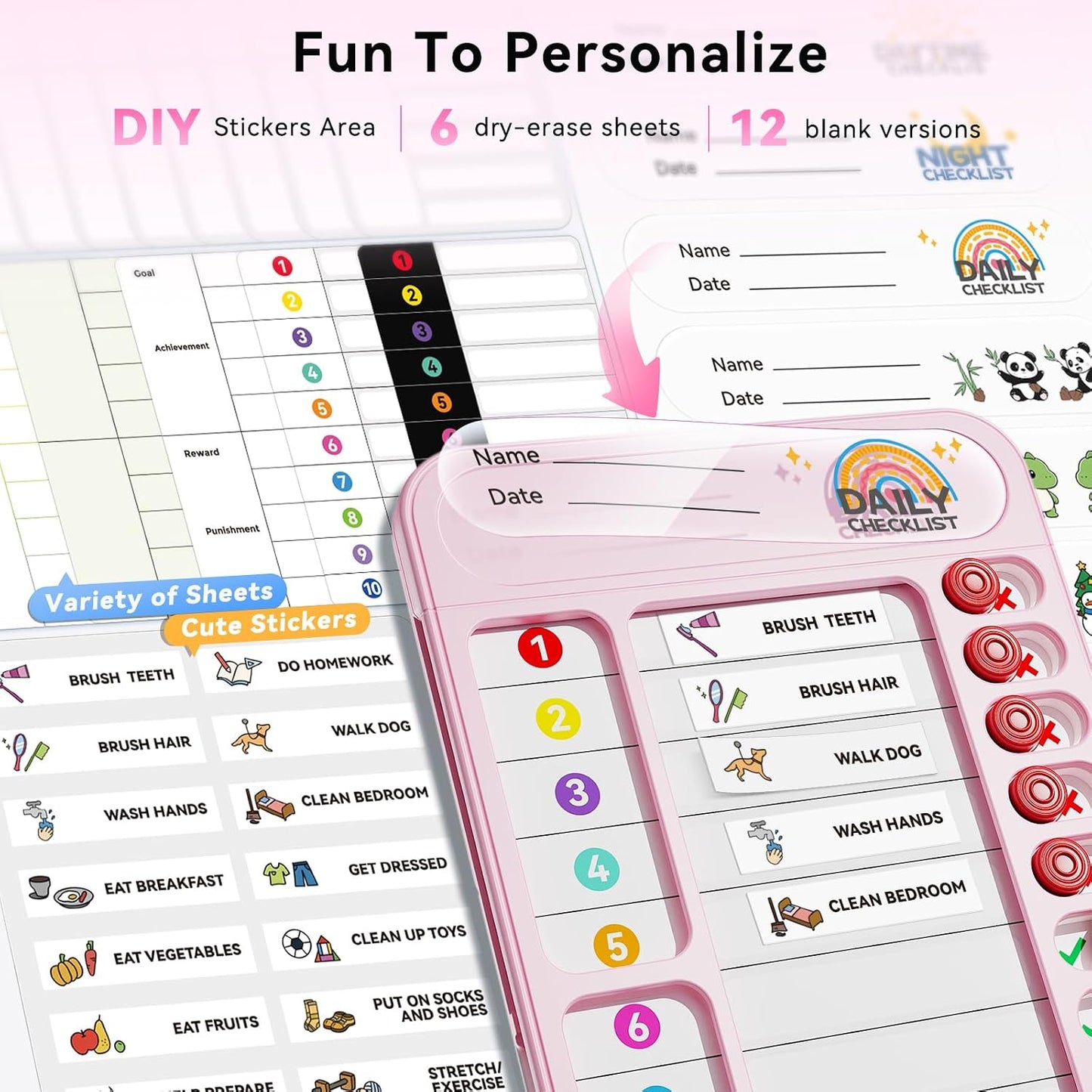 Chore Chart for Kids ADHD Tools to Do List Checklist Magnetic Planning Board with Sliders, Visual Schedule Board with Dry Erase Sheets, Sticker, Marker, Routine Chart for Kids - Pink