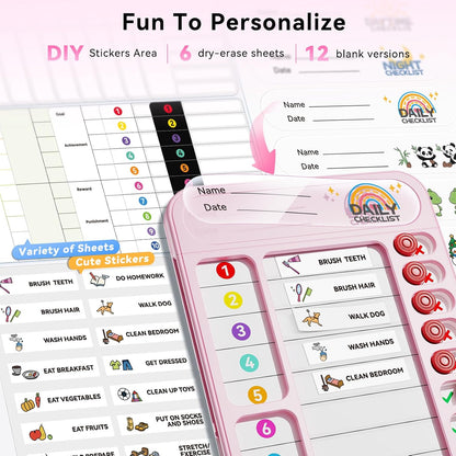Chore Chart for Kids ADHD Tools to Do List Checklist Magnetic Planning Board with Sliders, Visual Schedule Board with Dry Erase Sheets, Sticker, Marker, Routine Chart for Kids - Pink