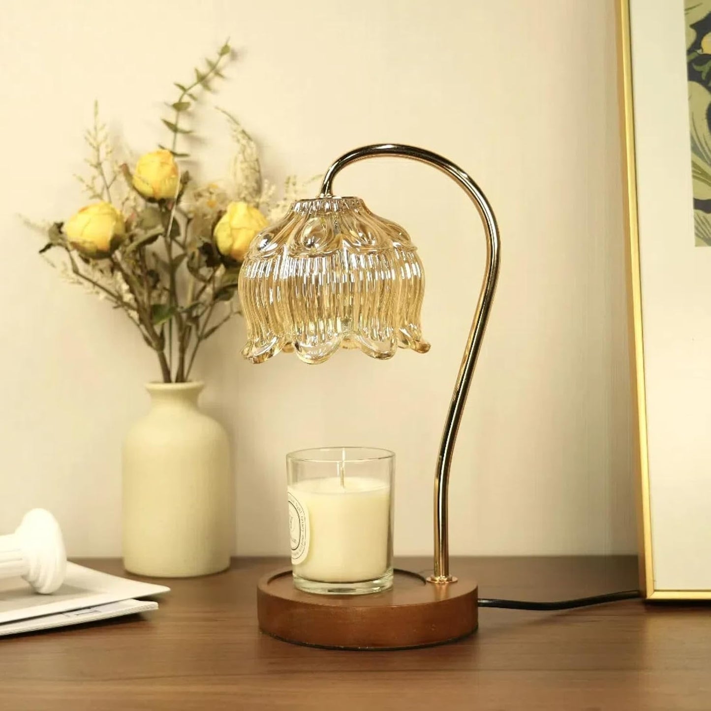 SupBri Candle Warmer Lamp with Timer & 4Bulbs, Pink Flower Glass Shdae