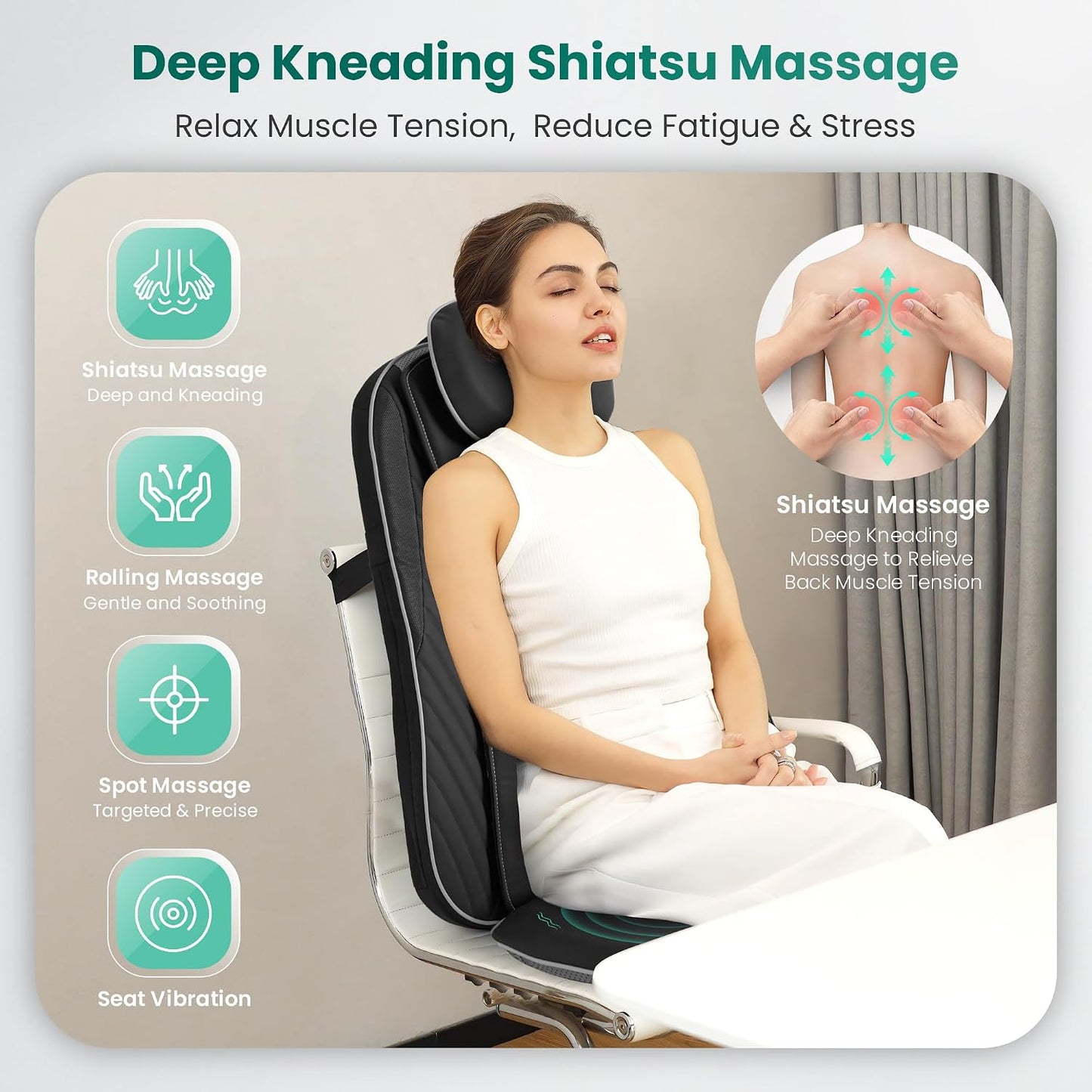 Snailax Shiatsu Back Massager with Heat, Deep Kneading Massage Chair Pad for Neck, Shoulders, Full Back & Waist, Adjustable Roller Massage Seat Cushion for Home Office, Pain Relief, Gift for Men Women