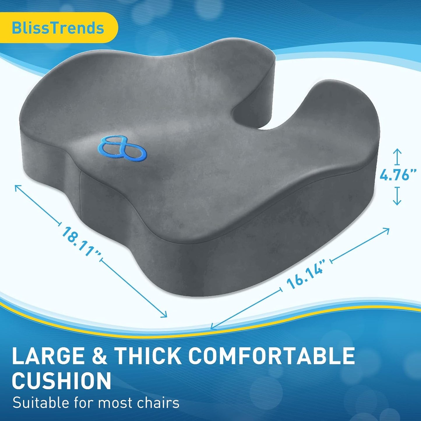 BlissTrends Memory Foam Seat Cushion for Office Chair & Car Seat, Black | 4.7in Ergonomic Tailbone & Sciatica Support with Removable Velvet Cover for Pressure Relief and Long Sitting Comfort
