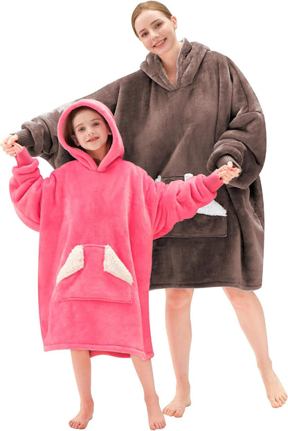Wearable Blanket Hoodie, Oversized Sherpa Fleece Sweatshirt Blanket with Giant Hood Pocket and Sleeves for Adult, Warm & Cozy Grey Blanket Gifts for Women