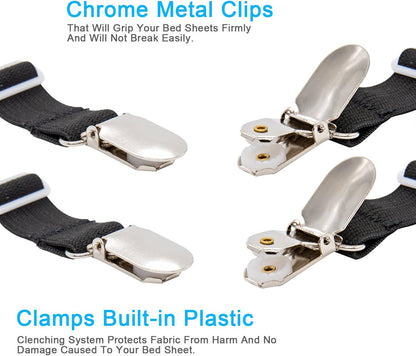 BetyBedy 4Pcs Adjustable Bed Sheet Fasteners Suspenders, Elastic Sheet Band Straps Clips, Cover Grippers Suspenders Holder for Mattress Pad Cover, Sofa Cushion (Black)