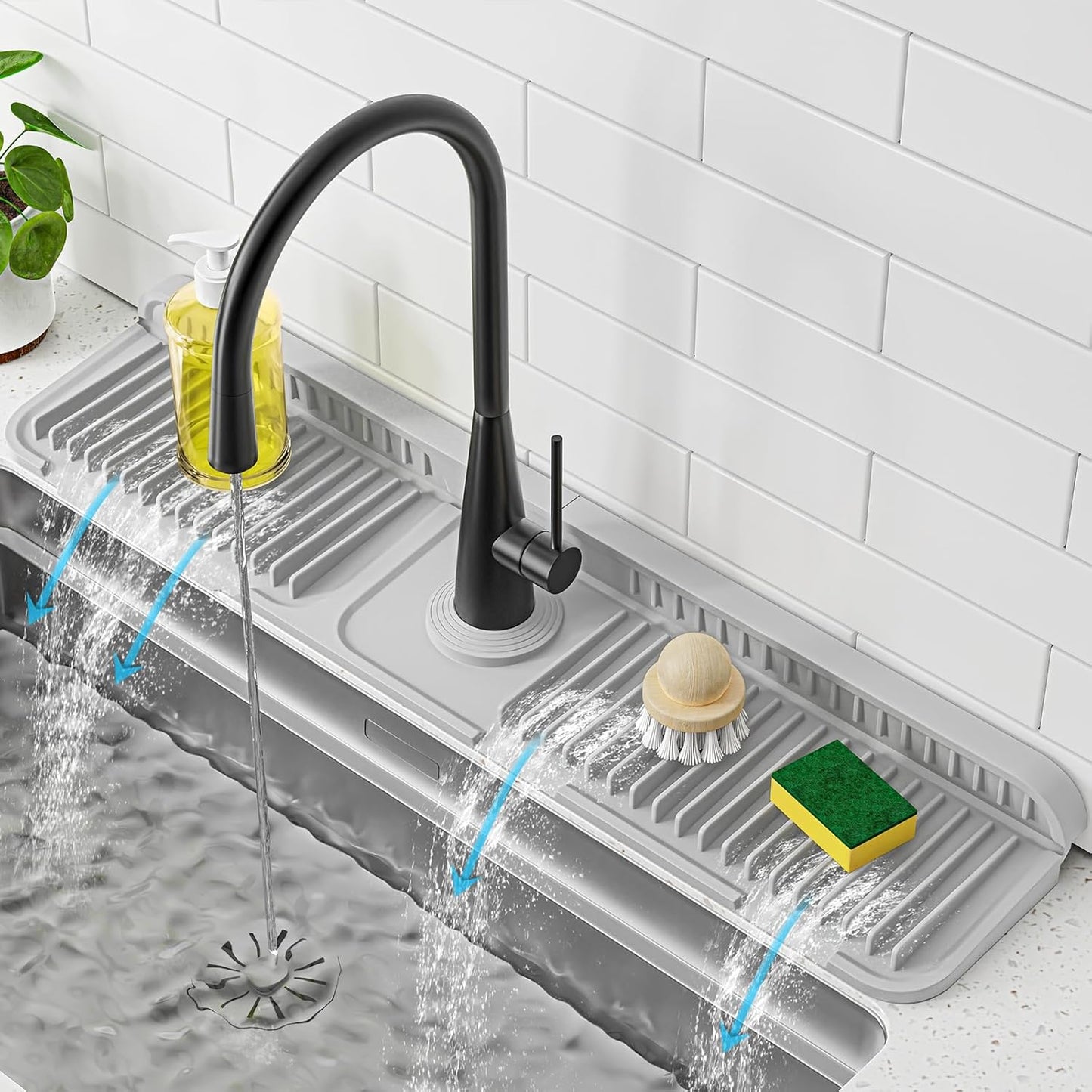 PoYang 24 Inch Faucet Mat for Kitchen Sink Splash Guard, Silicone, Black | Sink Protectors with 7° Slope for Smooth Drainage, Snap Button Holds It in Place, 90° Foldable & Cuttable Hole Fit Most Sinks