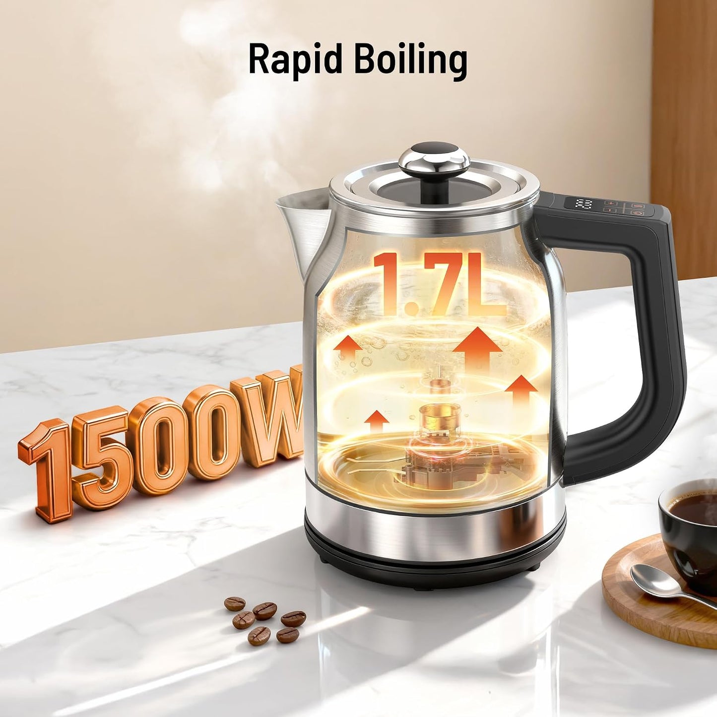 Electric Kettle with Temperature Control, 1.7L 1500W Stainless Steel Tea Kettle, 13 Preset Temperatures, LED Display, Keep Warm 2 Hours, Strix Thermostat, BPA Free Hot Water Boiler for Tea & Coffee