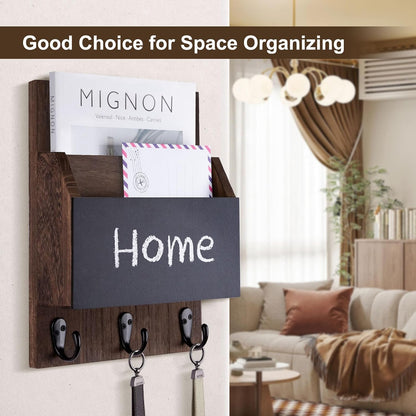 Key and Mail Holder for Wall Mount, Mail Holder with Chalkboard | Mail Organizer with 2 Slot, Key Holder with 3 Sturdy Hooks for Coat, Dog Leash, Decorative Key Rack (8.86”W x 11.42”H x 3”D)
