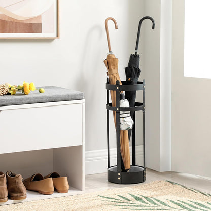 SONGMICS Umbrella Stand, Steel Round Umbrella Holder Rack, 7.7 x 7.7 x 21.7 Inches, with Detachable Drip Tray, for Entryway, Office, Stable, Assembly Required, Matte Black ULUC28BK