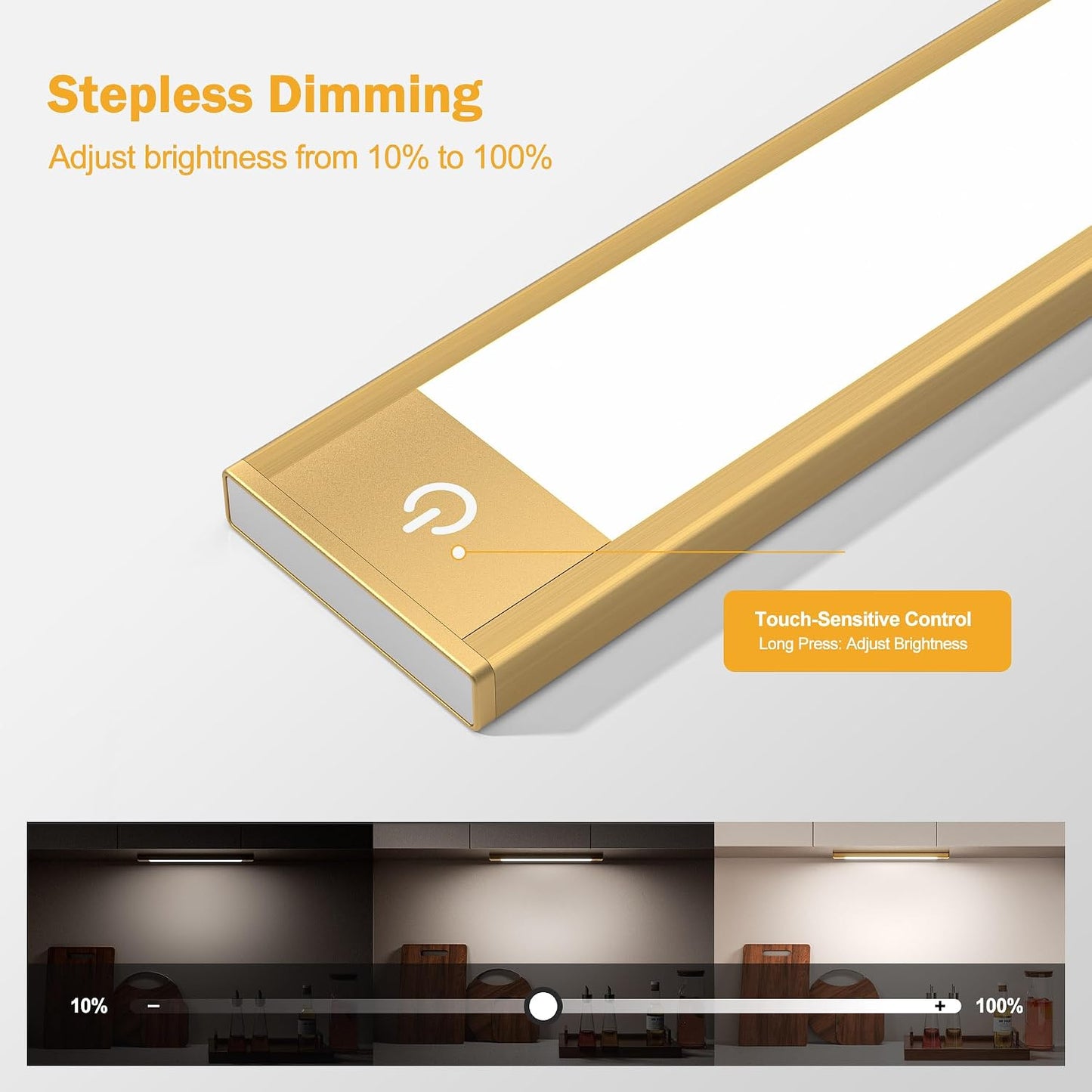 V4light Motion Sensor Cabinet Light, Rechargeable, Dimmable, 2Pcs, 9in | Gold aluminum, magnetic wireless, 1800mAh, 3 color temps & dimmable, ideal for kitchen cabinets, shelves & closets