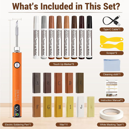 DEWEL Wood Furniture Repair Kit, New Upgrade Wood Fillers, Furniture Touch Up Markers, Wax Sticks, Wood Putty with Beeswax for Cracks, Wood Hole, Scratches, Floor, Table, Door