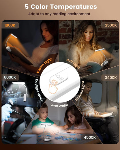 Glocusent 26 LED Reading Lights for Books in Bed, Ideal Gifts for Reader | Rechargeable Book Light, Eye Caring 5 Amber Colors Stepless Dimming, Travel Lightweight Clip-on, Book Lovers Men Women Kids