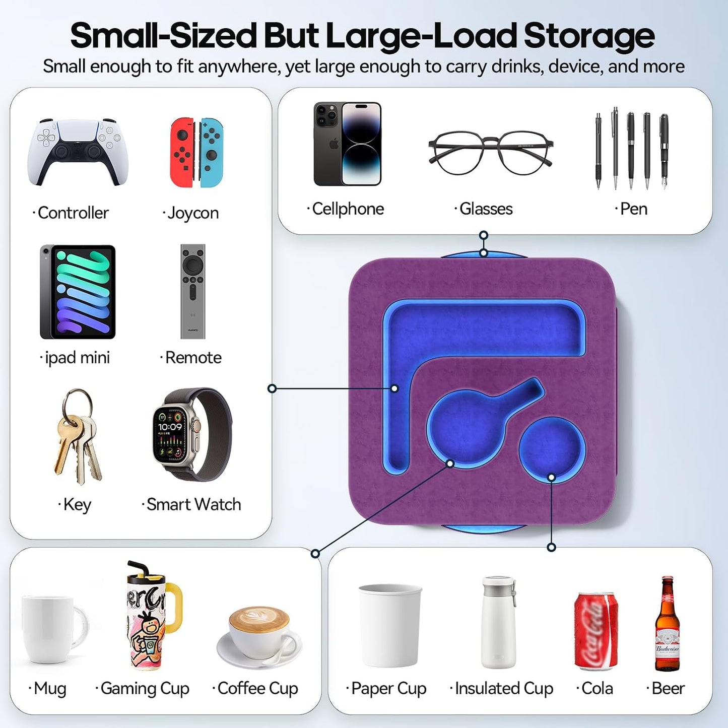 Couch Cup Holder Pillow, Sofa and Bed Caddy for iPad, Kindle, Switch, Game Controller, Remotes, Phones, Small-Sized Cup & Drink Holder for Couch, Bed, Desk, Car, Beach, Bathroom Cup Holder