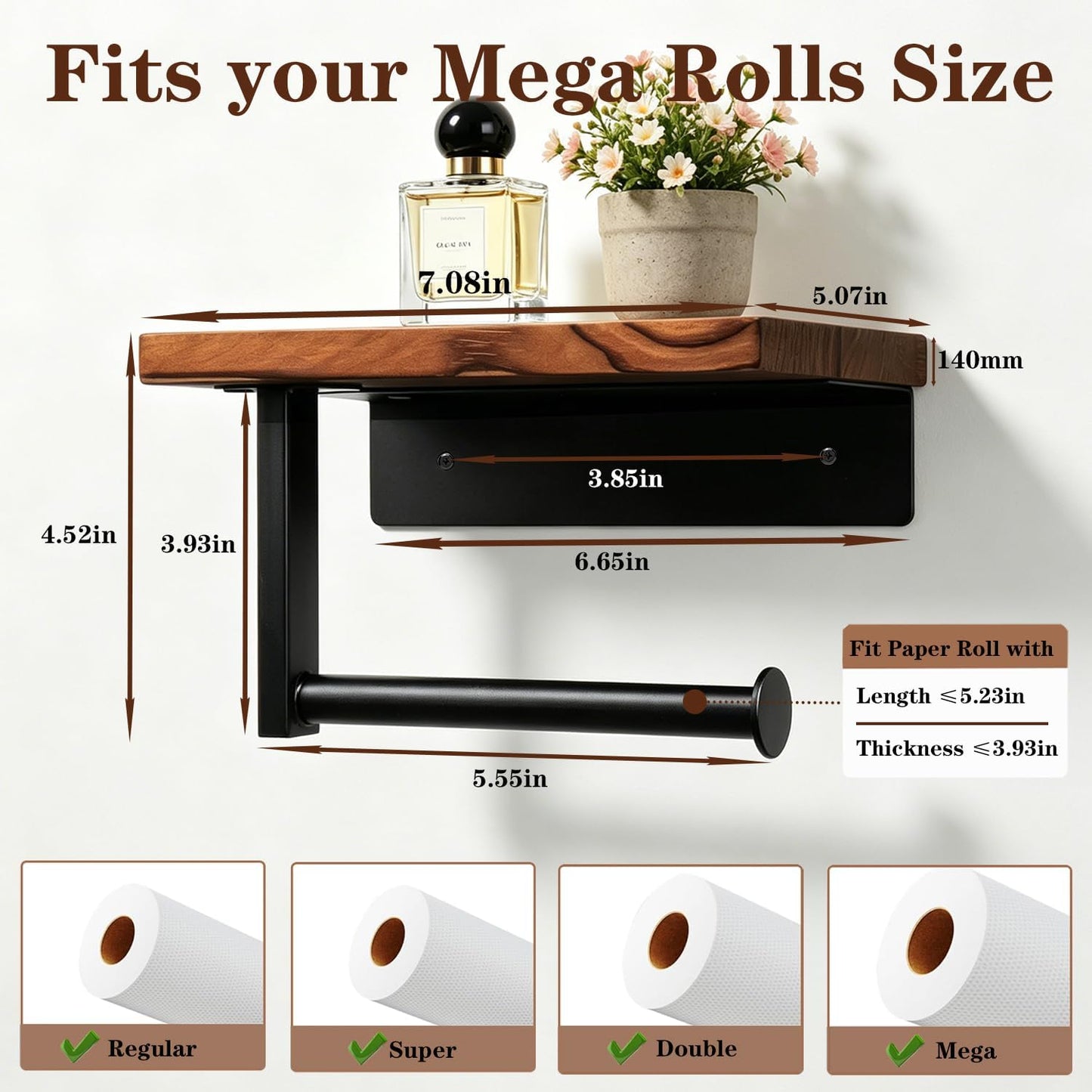 Toilet Paper Holder with Shelf, Thicken Metal Wall Mounted Toilet Roll Holders for Bathroom Washroom, Modern Toilet Tissue Holder Rustproof Paper Towel Storage Bathroom Decor (Black)
