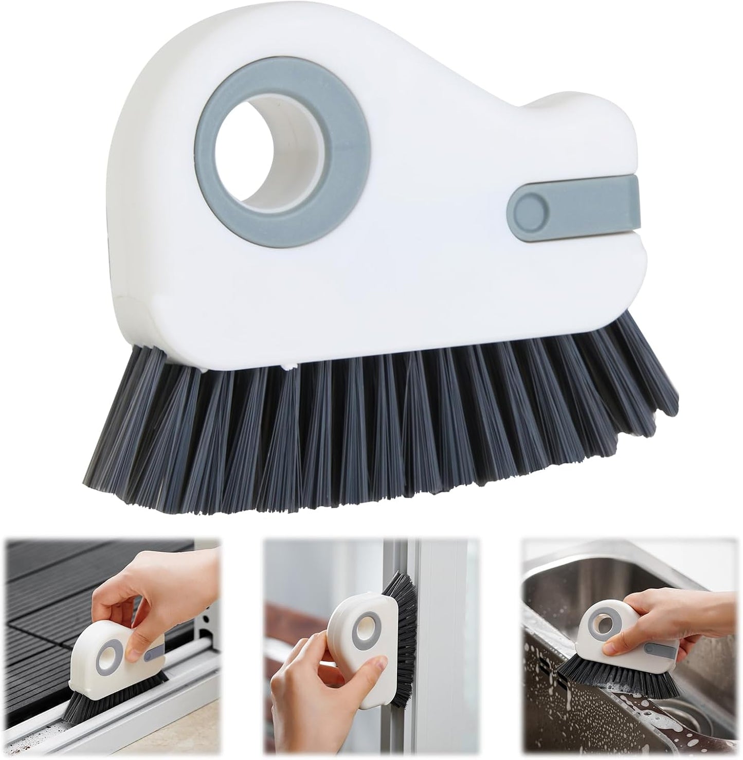 2 in 1 Groove Cleaning Brush, Grout Cleaner Tool & Multifunction Window Track Cleaner (with Hidden Scraper or Mini Dustpan) – for Glass Door Tracks, Window Sills, Sliding Doors (Orange)