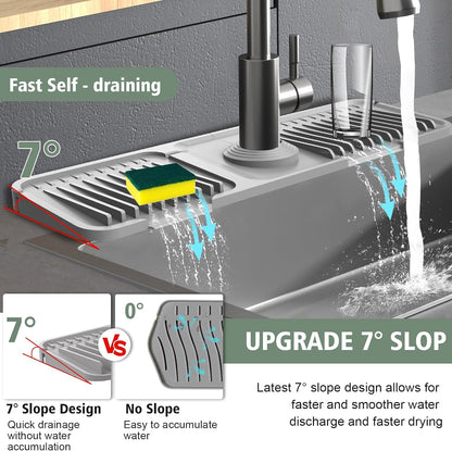 17.7-Inch Kitchen Sink Splash Guard Mat | 7° Slope for Fast Self-Draining | Snap-Lock Design | Universal & Cuttable Silicone Faucet Mat Gray