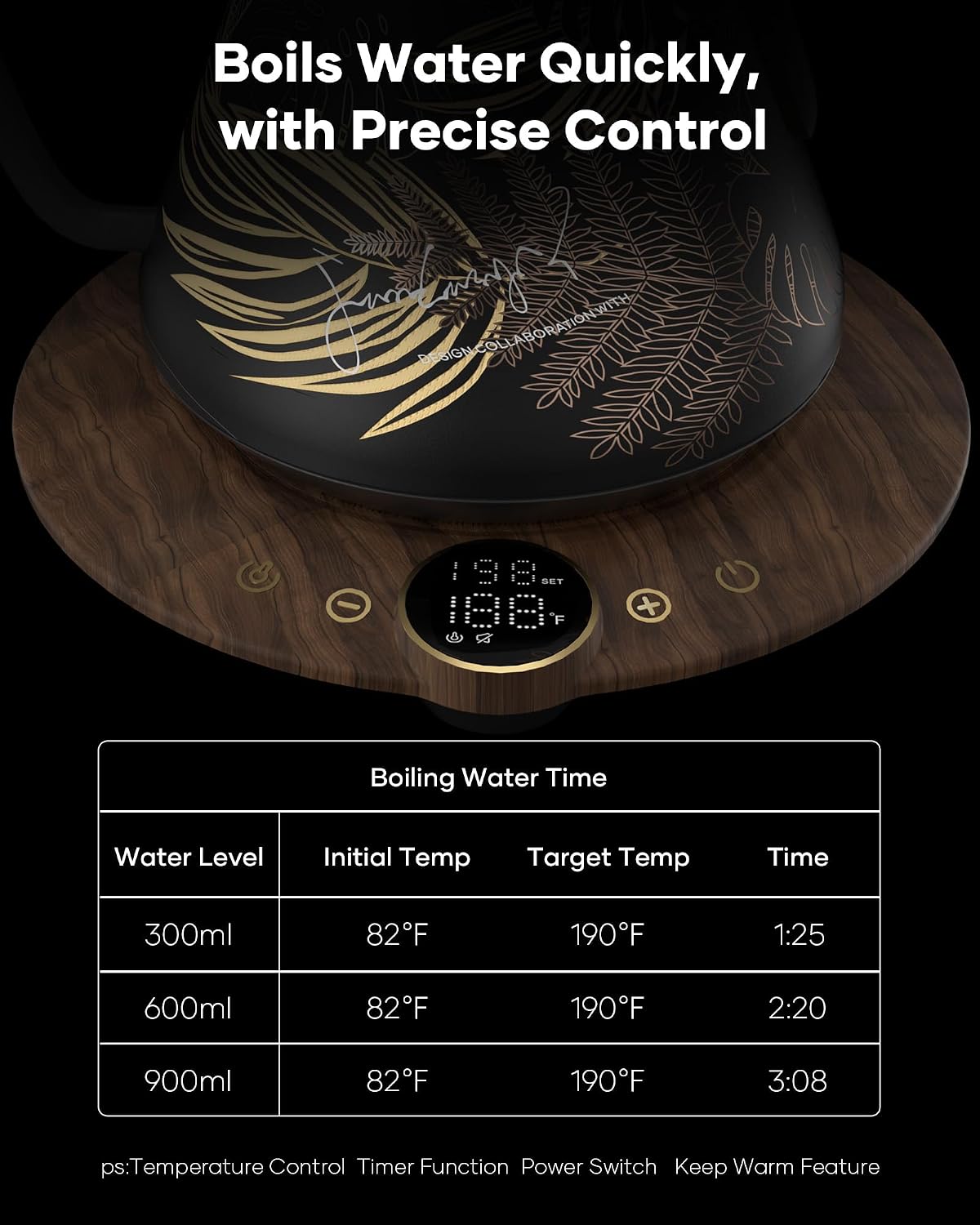 Cocinare Gooseneck Electric Kettle, ±1°F Precise Temperature Control, 1500W Fast Heating, Pour Over Coffee & Tea Kettle with Brew Timer & Keep Warm, Stainless Steel, 0.9L (Matte Black)