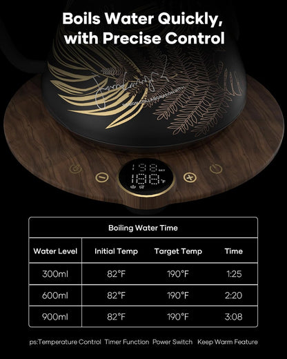 Cocinare Gooseneck Electric Kettle, ±1°F Precise Temperature Control, 1500W Fast Heating, Pour Over Coffee & Tea Kettle with Brew Timer & Keep Warm, Stainless Steel, 0.9L (Matte Black)