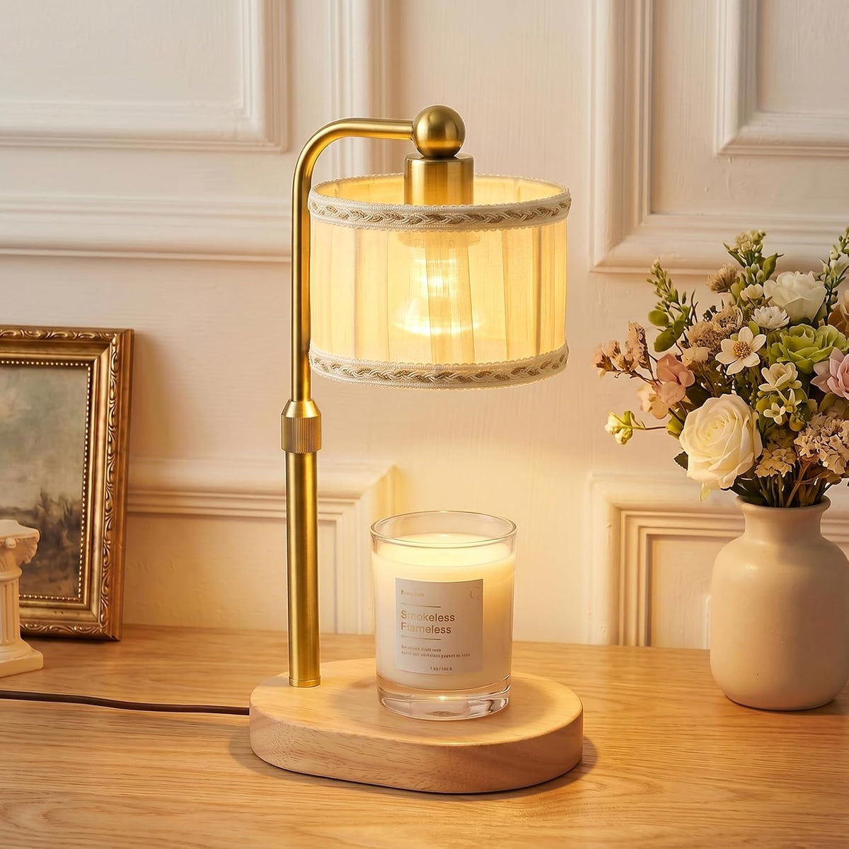 Candle Warmer Lamp with Timer, Modern Golden Candle Warmer for jar Candles, Electric Wax Warmer, Includes 2 Bulbs, Birthday Gift for Women, Mom, Housewarming - Linen