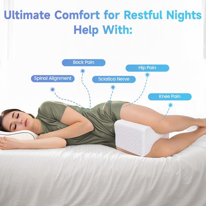 CloudBliss Cooling Gel Knee Pillow for Side Sleepers, Memory Foam, White | Contoured leg pillow, high-density foam, removable machine-washable cover, breathable fabric, hip and knee support