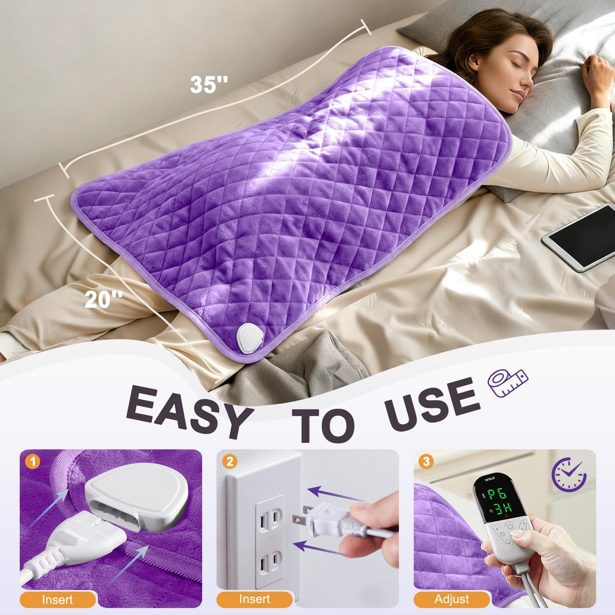 Electric Heating Pad for Back Neck & Shoulders, 35"x20" King Size, Velvet