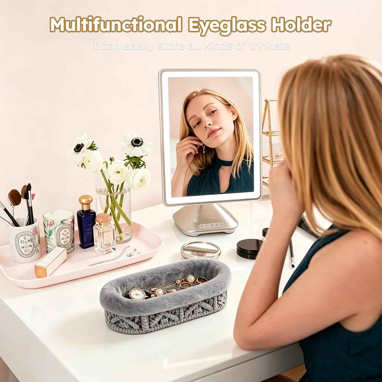 Glasses Holder, Anti-scratch Plush Lined Eyeglass Holder Stand | Oval Eye-glasses Storage Organizer Case for Nightstand, Office Desk, Bedside Table, Beige