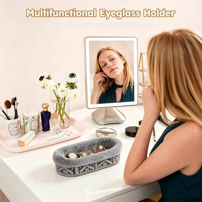 Glasses Holder, Anti-scratch Plush Lined Eyeglass Holder Stand | Oval Eye-glasses Storage Organizer Case for Nightstand, Office Desk, Bedside Table, Beige