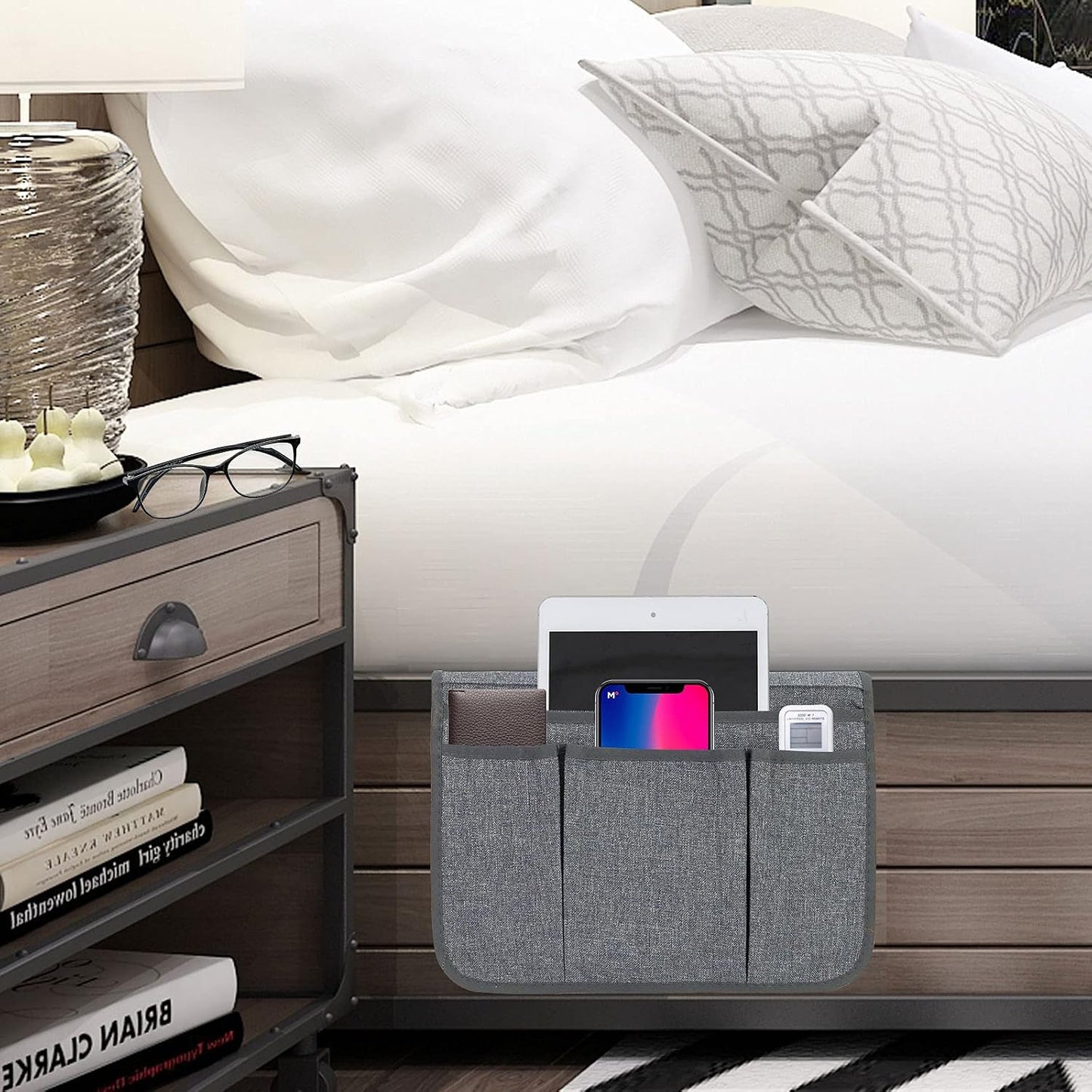 Bedside Caddy Bedside Storage Organizer Magazine Phone Tablet iPad Remote Holder, Organizer Caddy for Home College Dorm Bed, Sofa, Bunk Bed (Grey)