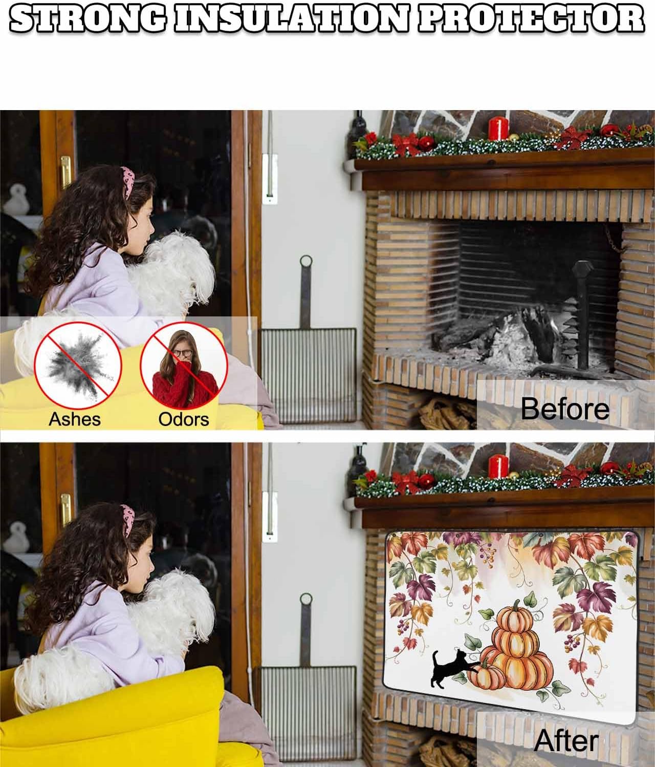 Fall Magnetic Fireplace Cover, Fireplace Draft Blocker, Pumpkins Cat Maple Leaf Thanksgiving Fireplaces Blanket for Heat Loss/Cold Air, Fireplaces Draft Stopper Cover for Inside 36''x27''