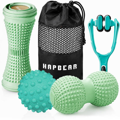 HAPBEAR Massage Ball Set 4 PC, Plantar Fasciitis Relief, with Storage Bag | Foot Roller, Peanut Ball, Spiky Release Balls, Finger Massager, Deep Tissue & Fascia Release Kit for Muscle Soreness Tension