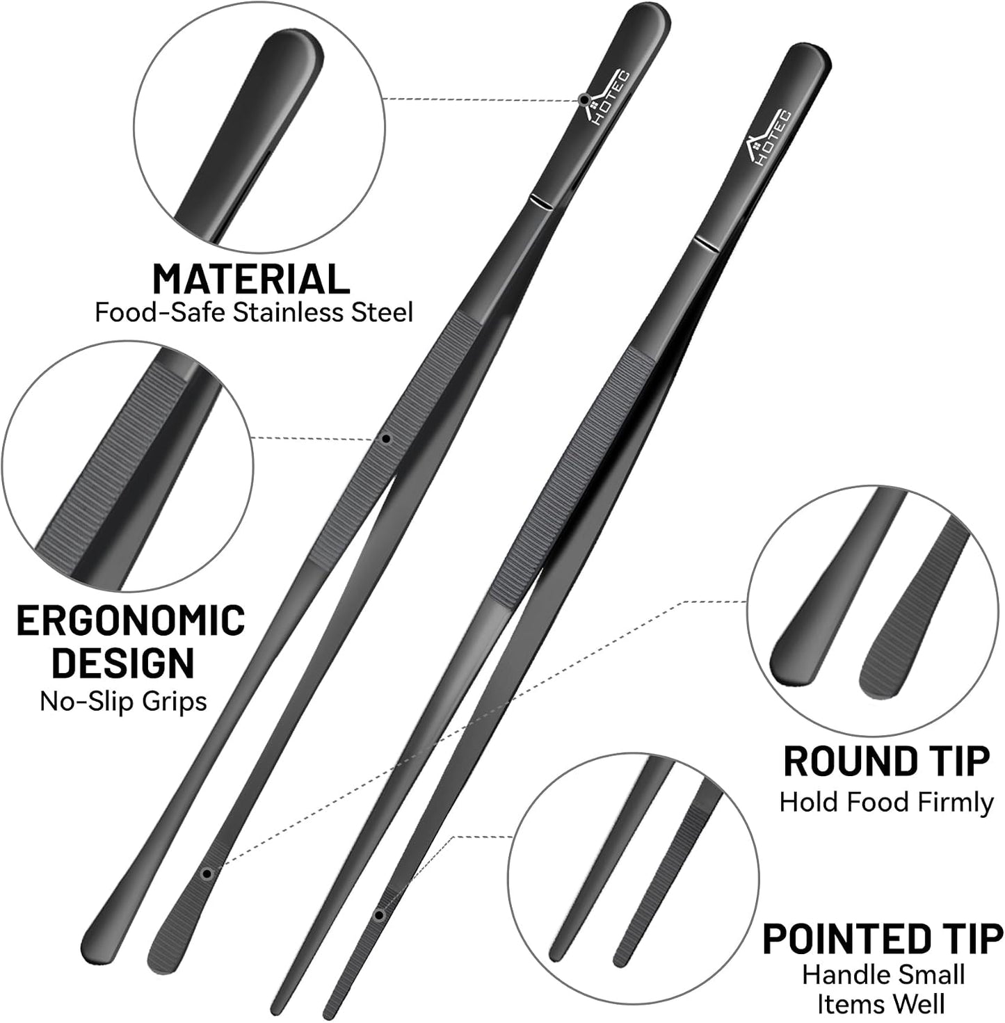 HOTEC Kitchen Tweezers Tongs Stainless Steel, Set of 6 - Professional Cooking Tweezers for Cooking, Chefs, BBQ, Seafood, Baking & Repair