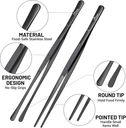 HOTEC Kitchen Tweezers Tongs Stainless Steel, Set of 6 - Professional Cooking Tweezers for Cooking, Chefs, BBQ, Seafood, Baking & Repair