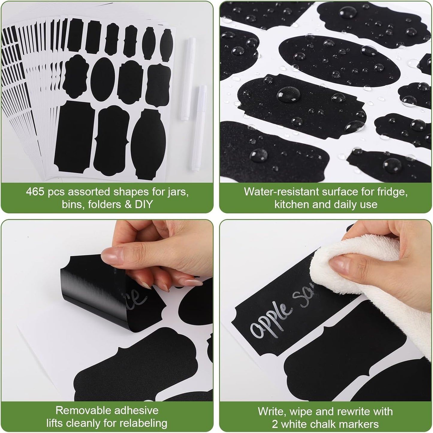 465 Chalkboard Labels for Jars and Containers with 2 White Chalk Markers | Waterproof, Reusable Labels In Assorted Sizes And Shapes; Sticks To Glass, Plastic, Metal, Wood, And Ceramic
