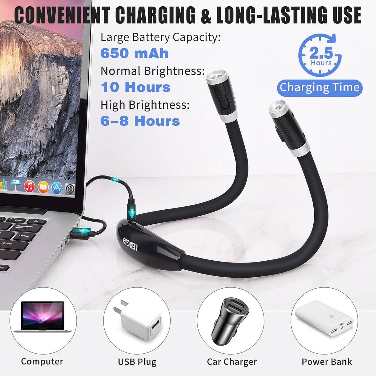 LEDGLE Neck Book Light for Reading Rechargeable,Long Arm,6 Brightness-Black